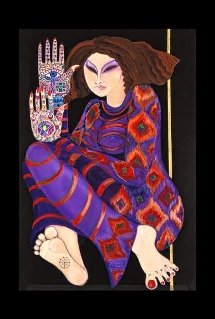 Zeinab Chasing the Devil (Part 2), 1992. Acrylic on paper. Laila Shawa (1940-2022)

Painting shows a woman who appears crouched, but also in motion. Her bare feet are placed as if she is running. There are symbols decorating her feet, and her toenails are painted red. She is wearing a purple and red jumpsuit with diamond motifs on the arms, back, bum and flared ankles, and stripes on the legs and breasts. Her hands are highly decorated in the tradition of the Hand of Fatima, or Hamsa. Her face is that of a strong woman with dramatic purple eye shadow, and all-black eyes. Her hair is a chin length bob in reddish brown shades.