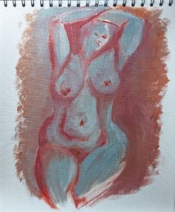 Figure sketched in oil paint on canvas pad. The colours used in the mixes are cadmium red, raw umber and buff titanium. These form the darker values. The lighter values are a blueish grey attempt to mimic ice blue. The figure is a nude woman with curves and a belly. Her lower legs are not visible, and she is sitting, leaning slightly back with her arms raised, and her hands behind her head. There is intentional abstraction of proportions so as to focus on the curves of her body