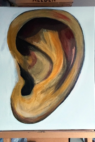 photo of a large canvas on a painting easel. Painted on the canvas is a single large left ear using yellow ochre, caput mortuum, ultramarine, raw umber and buff titanium