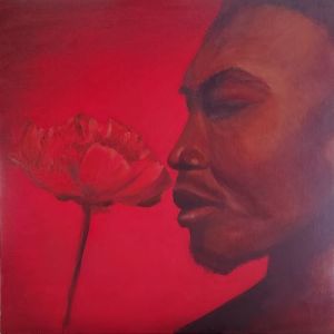 oil painting depicting a Black man in profile with closed eyes. In front of him is a rose, and he is inhaling its scent. The backround is a rich red, and the palette is limited.