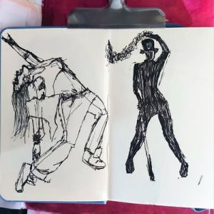 small sketchbook spread showing a fingure drawing on each page using a cheap black fineliner pen. The dancer on the left page has feet spread wide, with most weight on their left leg, they are bending backwards at the waist with face almost vertical and upside down, one arm reaches up and back, the other arm drops to the right ankle. They are dressed in jeans, a crop top and trainers. On the right page the dancer is shown in silhouette in a Fosse style with feet set wide and turned in, knees bent inwards, and left hip raised. Their right arm is down holding a cane which is placed on the floor in front of them. Their left arm reaches above their head and is waving a boa which drapes off to the right. They are wearing a top hat.