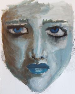 A messy slightly abstract face in abstract skin tones. The base colours are raw umber, cerulean blue and titanium white which have been mixed to create the values on the face, which is a frontal view. The eyes have some messy black streaking around them, and cerulean blue pupils. The lips are also blue.
