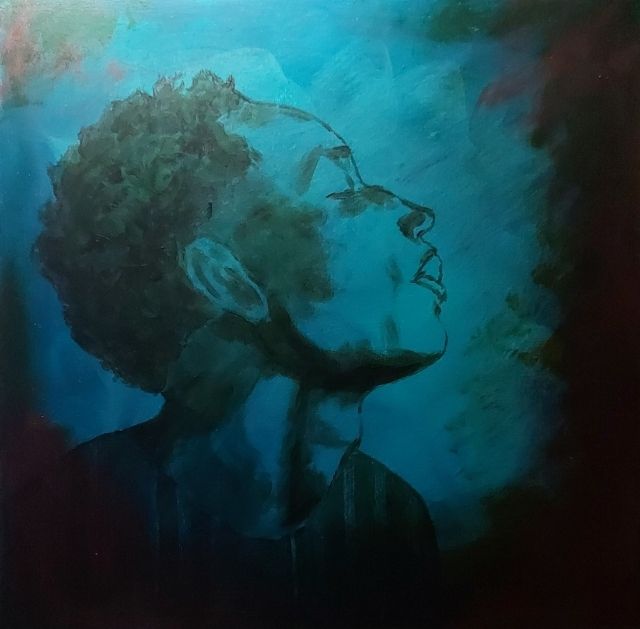 Image shows a painting with mainly turquoise in the background and red oxide round the edges. The portrait is at underpainting stage, in raw umber. The portrait is a profile of a young Black man facing right (his left). His head is tilted slightly back, and his eyes are closed, although only one eye is visible.